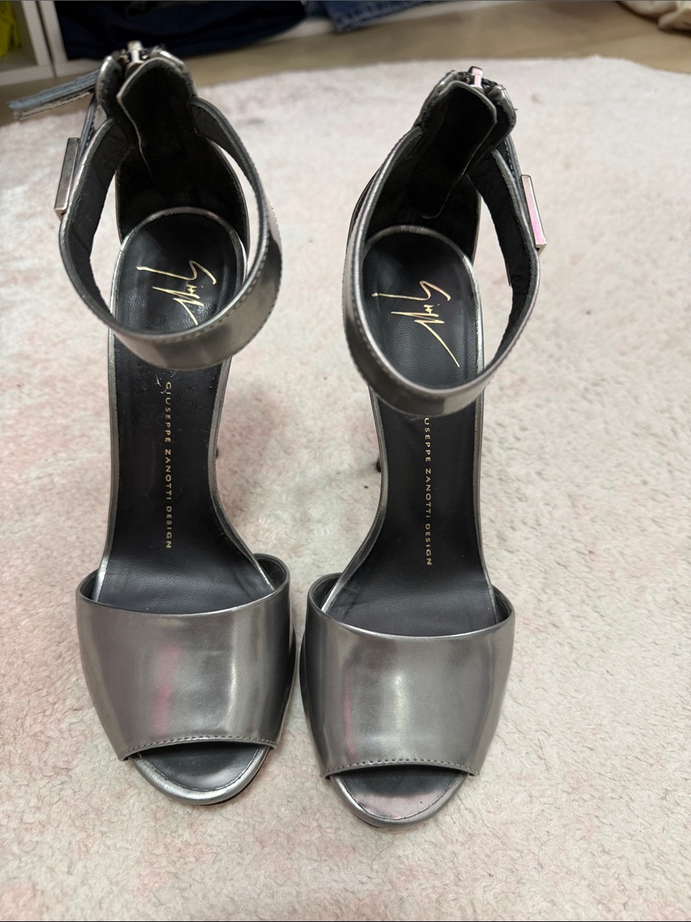 Giuseppe Zanotti Metallic Silver Open-Toe Ankle-Strap Heels